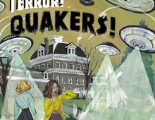 illustration of UFOs invading Swarthmore campus like a 1950s movie poster